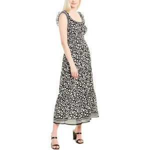 MAX STUDIO Size M Ruffle‎ Neckline White Black Floral Print Midi Dress Tiered